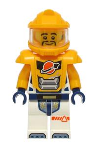 Astronaut Minifigure - Male astronaut in a white spacesuit with bright light orange arms, sporting a matching helmet and armor - cty1745