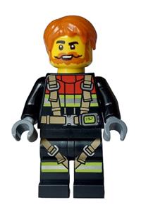 Firefighter Male Minifigure - Male firefighter with dark orange hair, beard, and moustache wearing a black jacket with reflective stripes, black legs, a harness, and red collar - cty1746