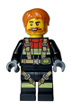 Male firefighter with dark orange hair, beard, and moustache wearing a black jacket with reflective stripes, black legs, a harness, and red collar - cty1746
