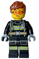 Female firefighter with black jacket and legs with reflective stripes, reddish brown messy hair, and safety glasses - cty1748