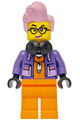 Female police city jail prisoner in an orange prison jumpsuit with a dark purple jacket, black headphones, bright pink hair, and black glasses - cty1749