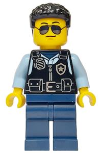 Police - City Officer Male, Black Safety Vest with Silver Star Badge Logo, Dark Blue Legs, Black Hair, Sunglasses cty1751