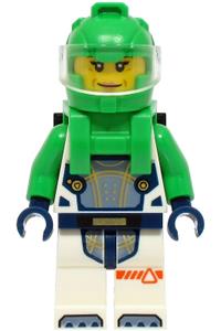 Astronaut Female Green Minifigure - Female astronaut in a white spacesuit with bright green arms, helmet, backpack with solar panel, and closed mouth - cty1753