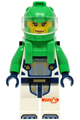 Female astronaut in a white spacesuit with bright green arms, helmet, backpack with solar panel, and closed mouth - cty1753