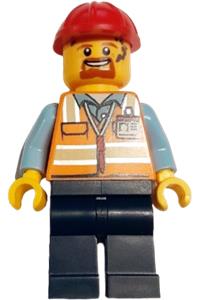 Construction Worker Minifigure - Male construction worker wearing an orange safety vest with reflective stripes, dark blue legs, and a red construction helmet - cty1756