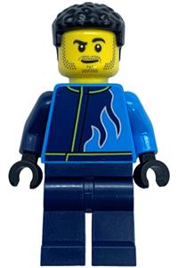 Monster Truck Driver Minifigure - Male monster truck driver wearing a dark azure and dark blue racing jacket with flames, dark blue legs, and black hair - cty1760