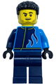Male monster truck driver wearing a dark azure and dark blue racing jacket with flames, dark blue legs, and black hair - cty1760