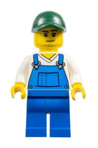 Farmer Minifigure - Male farmer wearing blue overalls over a v-neck shirt, with blue legs, a dark green cap, and stubble - cty1761