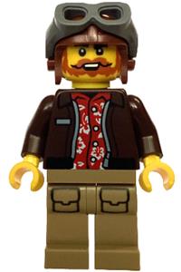 City Jungle Pilot Minifigure - Jungle pilot in dark brown jacket over red shirt, with dark tan legs, reddish brown aviator cap, and dark bluish gray goggles - cty1767