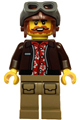 Jungle pilot in dark brown jacket over red shirt, with dark tan legs, reddish brown aviator cap, and dark bluish gray goggles - cty1767