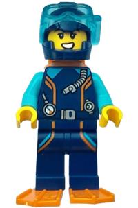 Female Arctic Explorer Diver - Female arctic explorer diver in dark blue suit and helmet, orange air tanks and flippers, with a trans-light blue diver mask, looking scared - cty1768
