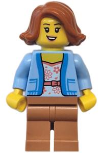 Female Bus Passenger Minifigure - Female bus passenger with bright light blue jacket over white shirt with coral flowers, medium nougat legs, and dark orange hair - cty1770