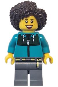 Female Bus Passenger Minifigure - Female bus passenger with dark brown hair, wearing a dark turquoise jacket with dark green panel, dark bluish gray legs - cty1771