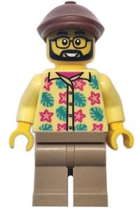 Male Bus Passenger Minifigure - Male bus passenger with bright light yellow shirt with flowers and leaves, dark tan legs, and reddish brown flat cap - cty1772