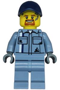 Tow Truck Driver Minifigure - Male tow truck driver wearing a sand blue mechanic shirt, sand blue legs, and a dark blue cap - cty1773