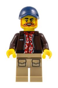 City Jungle Pilot Minifigure - Jungle pilot in a dark brown jacket over a red shirt, with dark tan legs and a dark blue cap - cty1778
