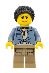 City Jungle Explorer Female - Female city jungle explorer wearing a sand blue knotted shirt over a tan t-shirt, with dark tan legs and black hair - cty1779