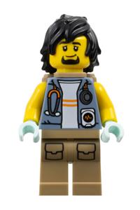 City Jungle Explorer Minifigure - Jungle explorer with a sand blue jacket, stethoscope, black hair, and a backpack, wearing dark tan legs - cty1780
