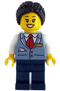 Tram Driver Minifigure - Female tram driver with black hair, wearing a sand blue vest and dark blue legs - cty1781