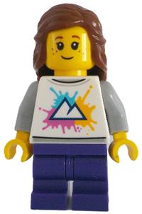 Tram Passenger Minifigure - Female tram passenger with white shirt featuring mountains logo, dark purple medium legs, reddish brown hair, and freckles - cty1782