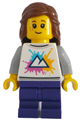 Female tram passenger with white shirt featuring mountains logo, dark purple medium legs, reddish brown hair, and freckles - cty1782