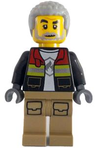 Firefighter Male Minifigure - Male firefighter in a black open jacket with reflective stripes and red collar, dark tan legs, and light bluish gray coiled hair - cty1783