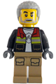 Male firefighter in a black open jacket with reflective stripes and red collar, dark tan legs, and light bluish gray coiled hair - cty1783