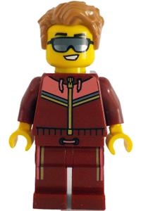 Tram Passenger Minifigure - Male tram passenger in a dark red and coral jogging suit with medium nougat hair, wearing sunglasses - cty1784