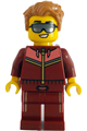 Male tram passenger in a dark red and coral jogging suit with medium nougat hair, wearing sunglasses - cty1784