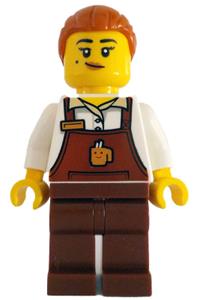 Barista Minifigure - Female barista with reddish brown apron featuring cup and name tag, reddish brown legs, and dark orange hair - cty1785