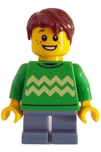 Child Minifigure - Boy with bright green sweater featuring bright light yellow zigzag lines, sand blue short legs, and reddish brown hair - cty1786