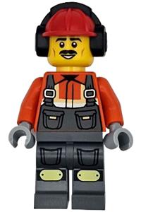 Male Construction Worker Minifigure - Male construction worker wearing a reddish orange safety jacket with reflective stripe, dark bluish gray overalls, and a red construction helmet with black ear protectors/headphones - cty1787