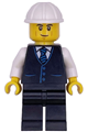 Male construction engineer/architect with black vest with blue striped tie, black legs, white construction helmet, and lopsided grin - cty1788