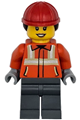 Female construction worker with reddish orange safety jacket, reflective stripe, dark bluish gray legs, red construction helmet, and dark brown ponytail hair with hearing aid - cty1789