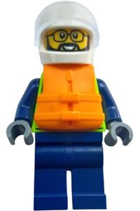 City Police Boat Officer Minifigure - Male City Police Officer in a white helmet with a neon yellow safety vest, life jacket, and a trans-clear visor - cty1790