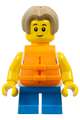 Boy with dark tan bowl cut hair wearing a white tank top with a dark azure sailboat, and dark azure short legs, plus an orange life vest - cty1792
