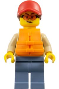 Woman with Life Jacket Minifigure - Woman with a reddish brown ponytail, wearing a red cap, orange life vest, and sand blue legs - cty1793