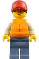 Woman with a reddish brown ponytail, wearing a red cap, orange life vest, and sand blue legs - cty1793