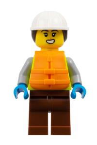 Female Dock Worker Minifigure - Female dock worker with a neon yellow safety vest, reddish brown legs, white construction helmet with dark brown ponytail hair, and orange life jacket - cty1795