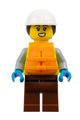 Female dock worker with a neon yellow safety vest, reddish brown legs, white construction helmet with dark brown ponytail hair, and orange life jacket - cty1795