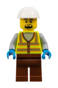 Male Dock Worker Minifigure - Male dock worker wearing a neon yellow reflective vest, reddish brown legs, white construction helmet, and a goatee - cty1796