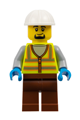 Male dock worker wearing a neon yellow reflective vest, reddish brown legs, white construction helmet, and a goatee - cty1796