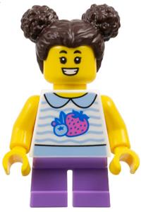 Child Girl Minifigure - Girl child in white collared shirt with fruit, featuring medium lavender short legs and dark brown hair with buns - cty1797
