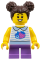 Girl child in white collared shirt with fruit, featuring medium lavender short legs and dark brown hair with buns - cty1797