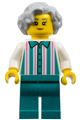 Female harbor shop worker with light bluish gray hair, wearing a white shirt with stripes and dark turquoise legs - cty1798
