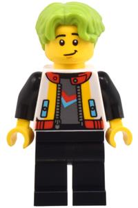 Robot World Patron Minifigure - Male Robot World Patron in a white jacket with black legs and lime hair - cty1800