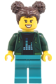 Female robot world patron wearing a dark green hoodie with dark turquoise legs and dark brown hair - cty1801