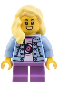 Child Girl Minifigure - Girl child in bright light blue denim jacket with medium lavender short legs and bright light yellow hair - cty1802