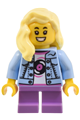 Girl child in bright light blue denim jacket with medium lavender short legs and bright light yellow hair - cty1802