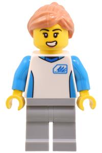 Robot World Attendant Minifigure - Female robot world attendant in a white uniform jersey, with light bluish gray legs and nougat hair - cty1803